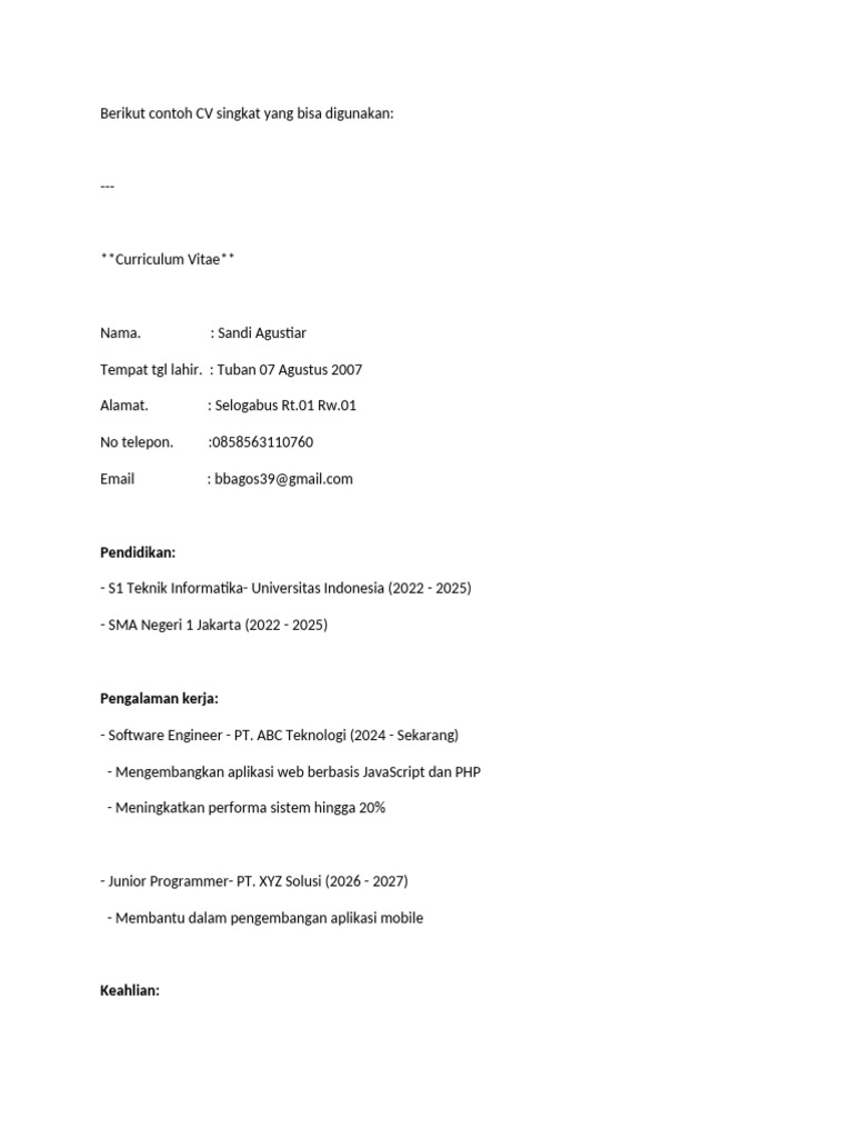 Contoh CV Singkat untuk Software Engineer | PDF