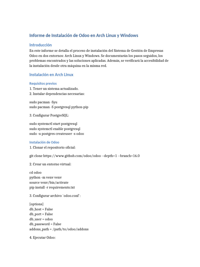 Instalación de Odoo en Arch Linux y Windows | PDF