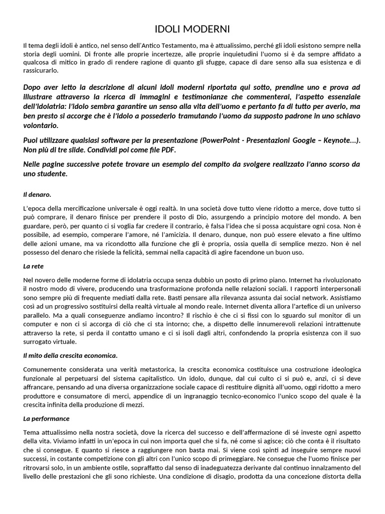Compito Sugli Idoli Moderni | PDF