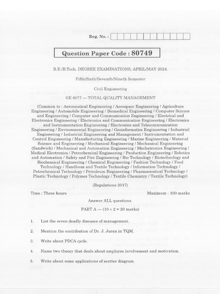 Total Quality Management Exam Paper 2021 | PDF | Engineering | Quality ...