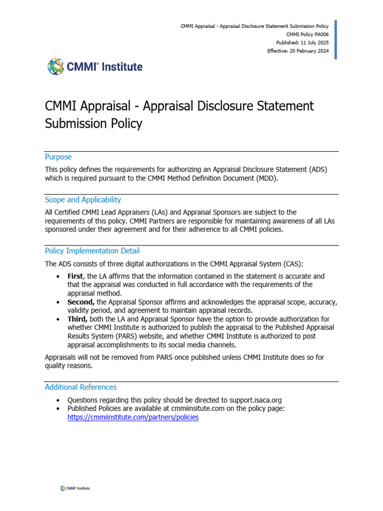 POLICY CMMI Appraisal Appraisal Disclosure Statement Policy | PDF