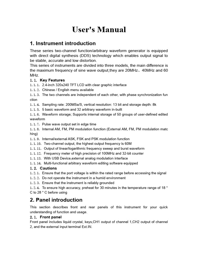 User's Manual: 1. Instrument Introduction | PDF | Phase (Waves) | Sine Wave