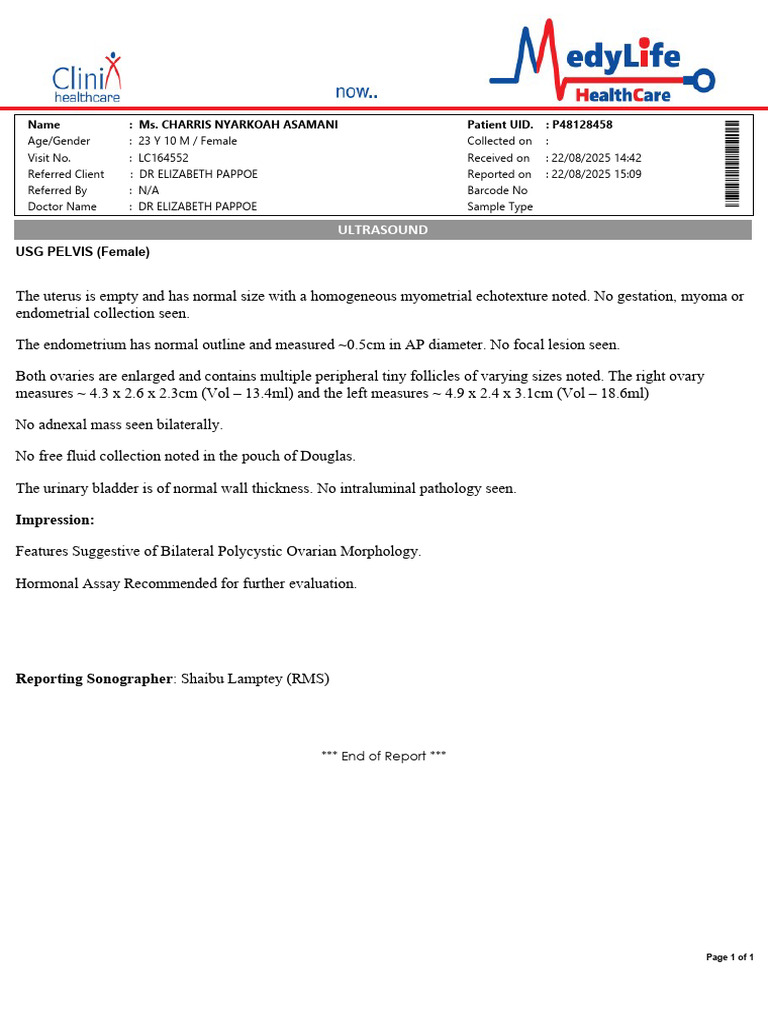 Ultrasound Report: Bilateral PCOS Findings | PDF