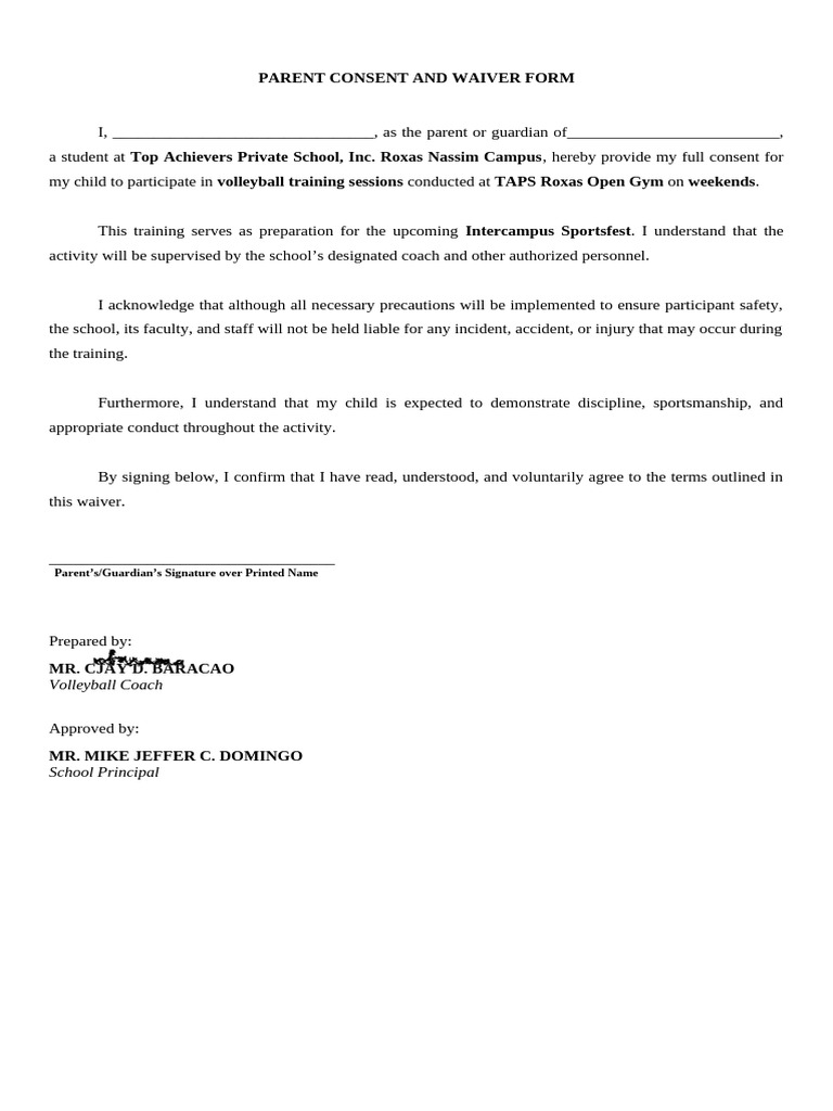 Parent Consent for Volleyball Training | PDF
