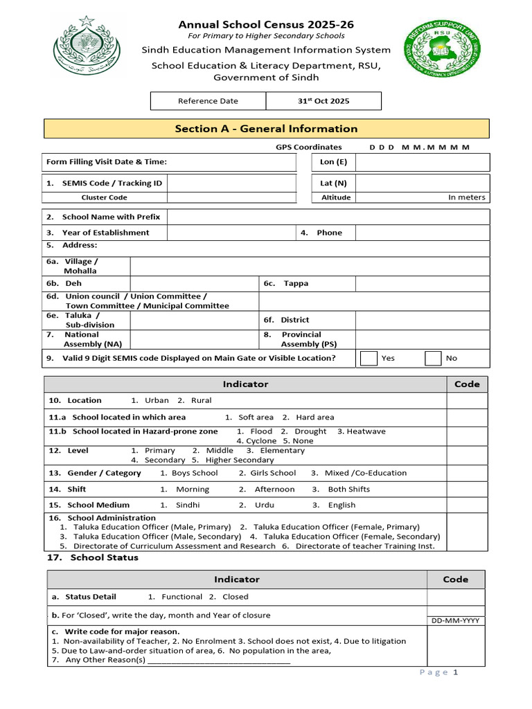 Proforma For Annual Schools Census 2025-26 01st Oct 2025 V3 | PDF | Toilet