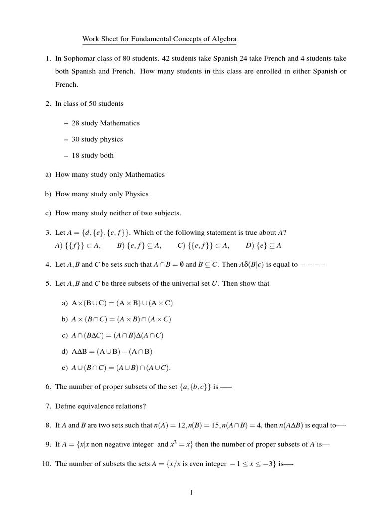 Algebra Concepts Worksheet | PDF