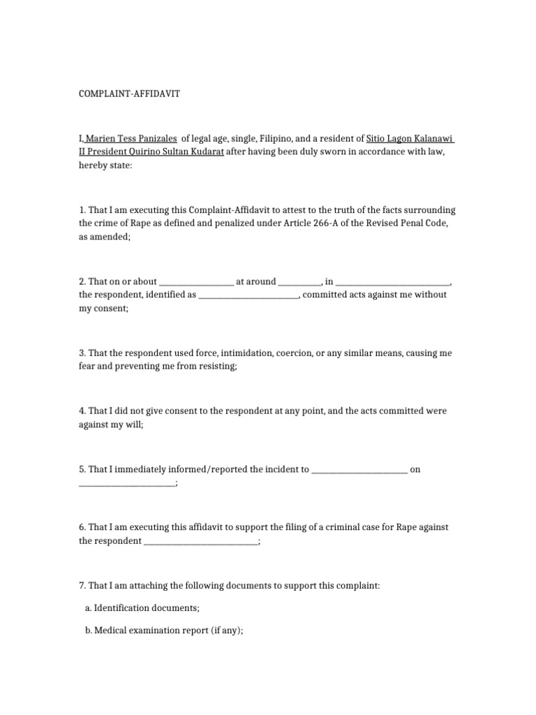 Rape Complaint Affidavit Template | PDF