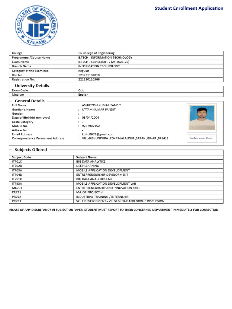 JIS College B.Tech IT Enrollment Application | PDF