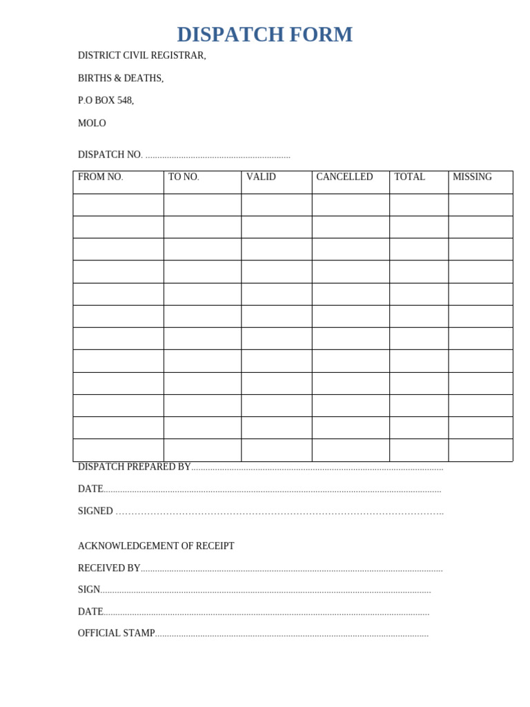 Births and Deaths Dispatch Form | PDF