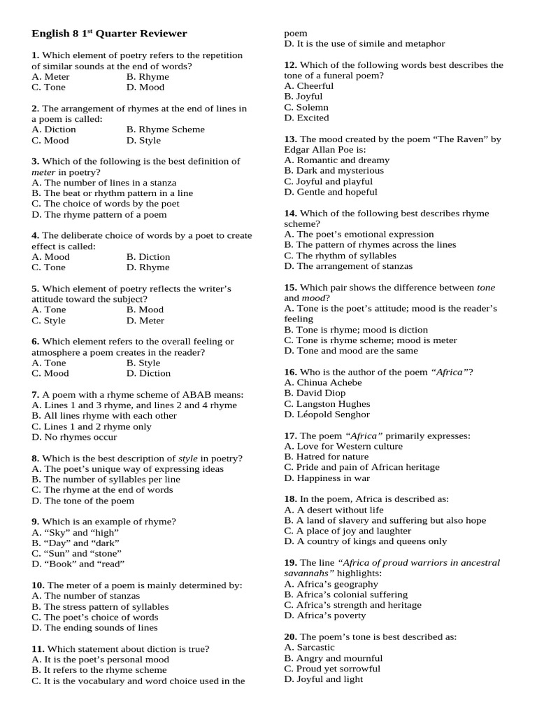 Poetry Elements Review for Grade 8 | PDF | Poetry | Rhyme