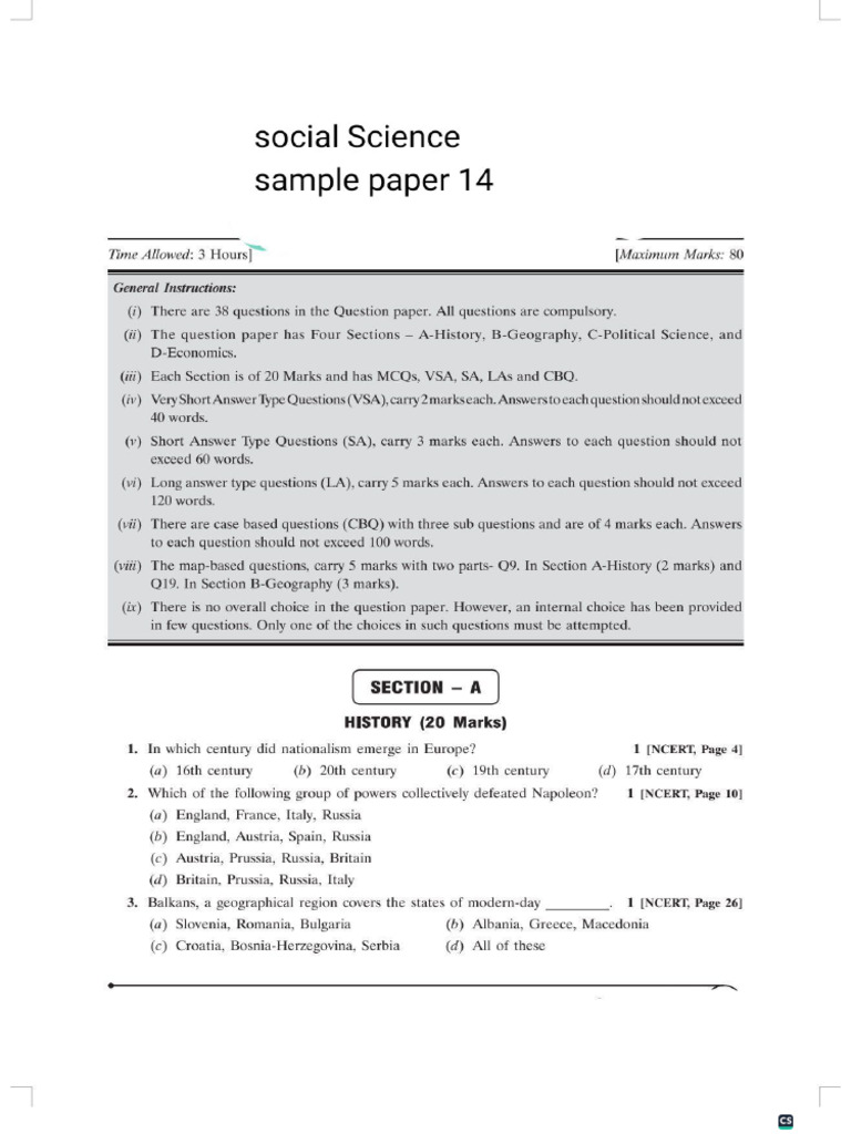 Social Science Sample Paper 14 | PDF