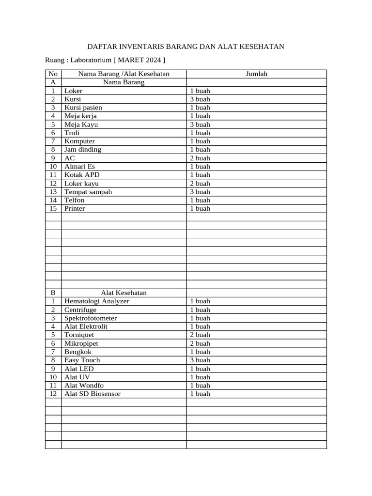 Daftar Inventaris Barang Dan Alat Kesehatan Laborat | PDF