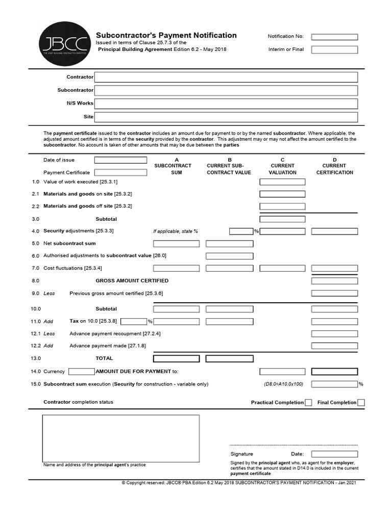 JBCC PBA Subcontractors Payment Notification | PDF | Subcontractor ...