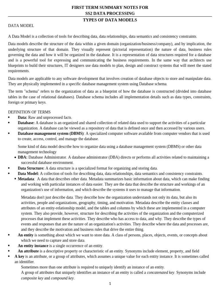 SS2 Data Processing: Data Models Overview | PDF | Relational Model ...