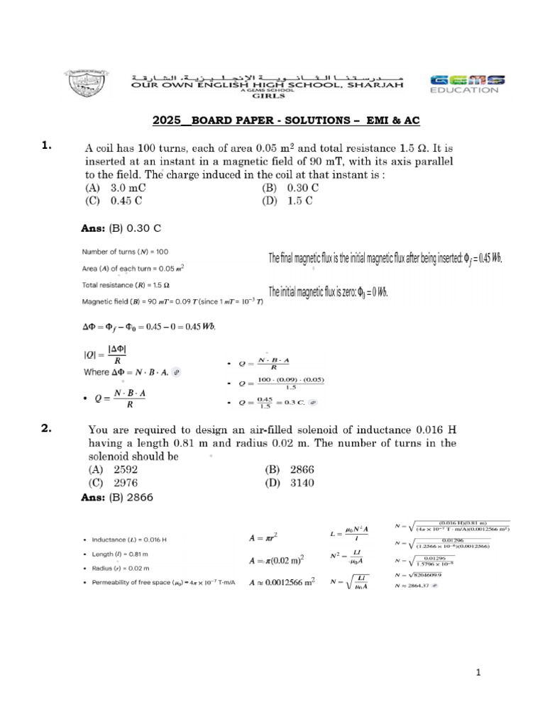 2025 Board Paper: EMI & AC Solutions | PDF | Electromagnetic Induction ...