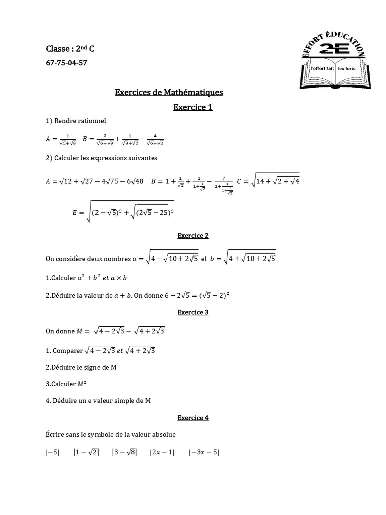 Exercices de Mathématiques pour 2nd C | PDF