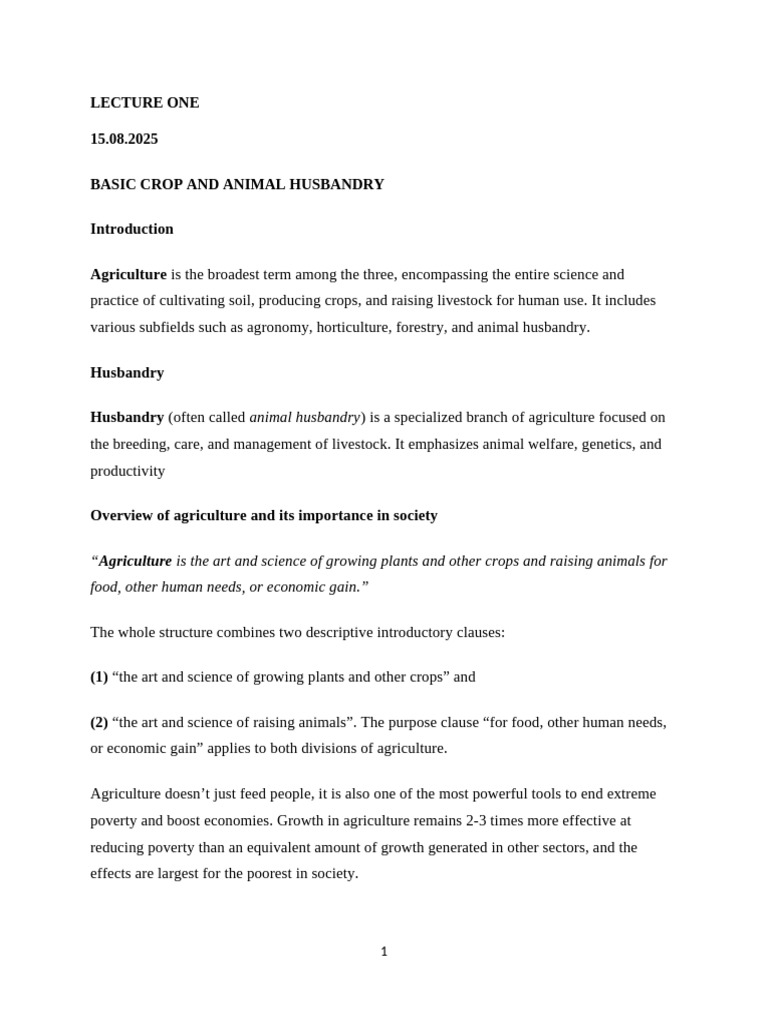 Basic Crop and Animal Husbandry Lesson One 2025 | PDF | Agriculture ...