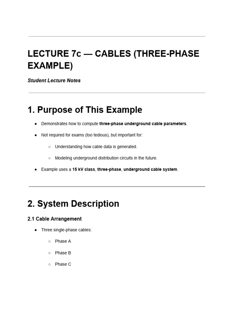 Lecture 7c - Cables (Three-Phase Example) Student Lecture Notes | PDF ...