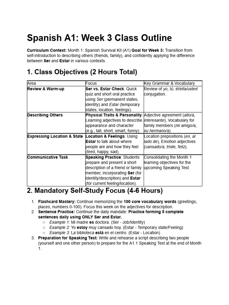 Spanish A1 - Week 3 Class Outline | PDF | Linguistics | Languages