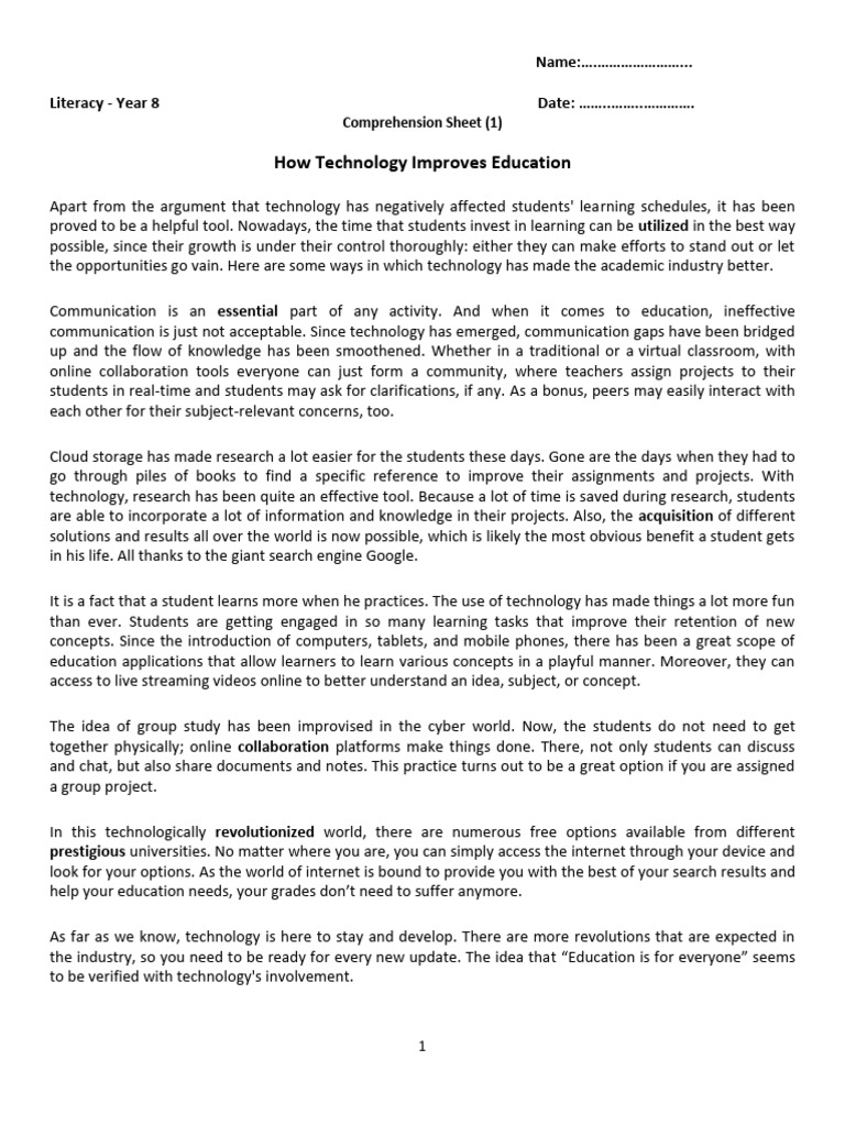 Technology and Education Comprehension | PDF | Cognition | Human ...