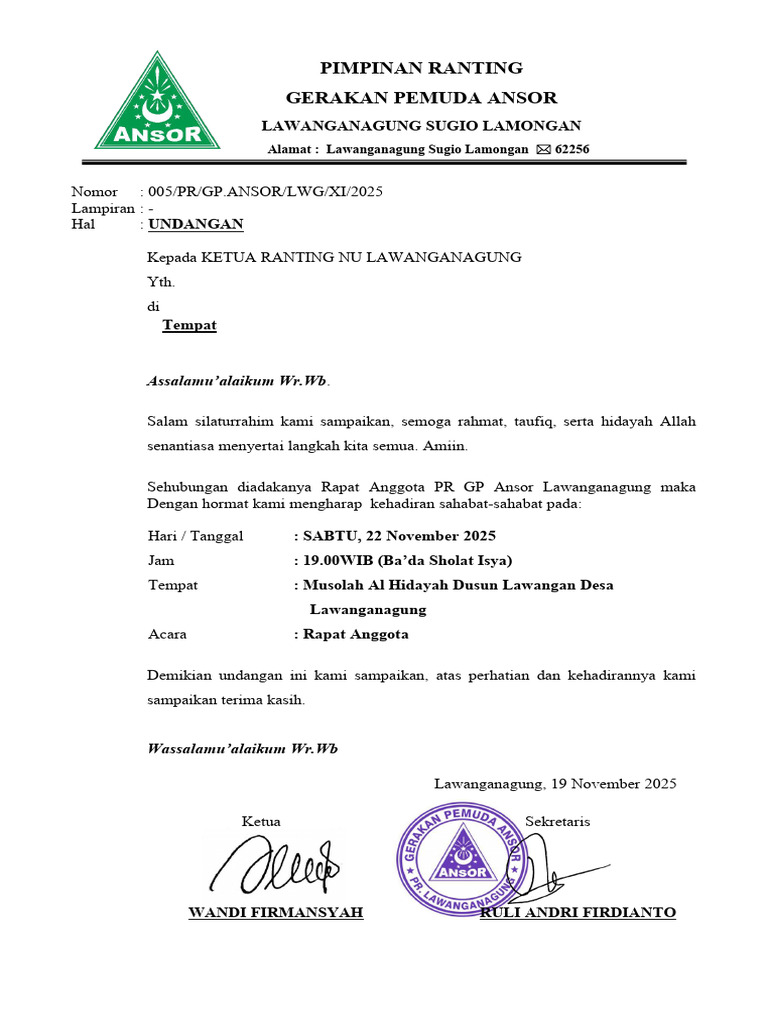 Undangan Ketua Ranting Nu Lawanganagung | PDF