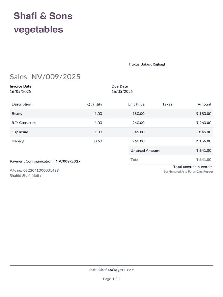 Invoice for Vegetable Purchase - ₹641.00 | PDF
