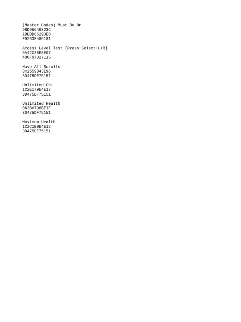 Game Master Codes and Cheats List | PDF