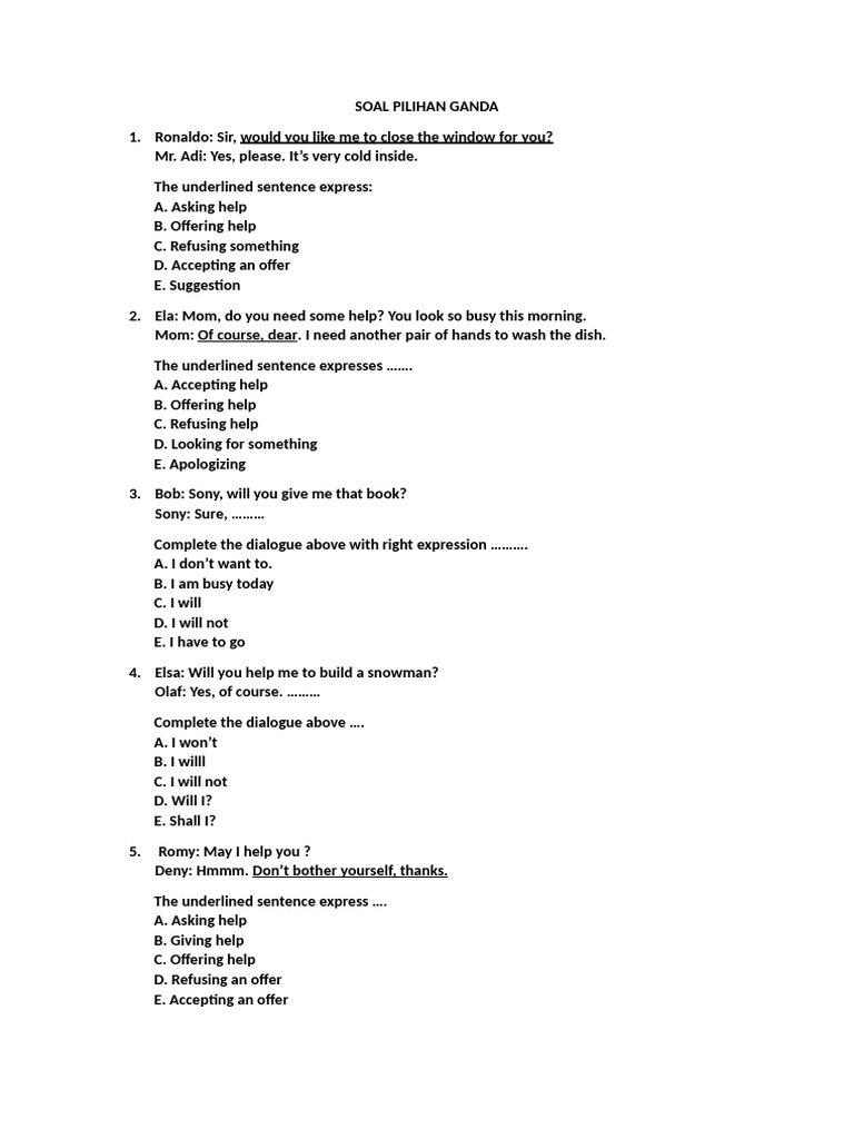 Multiple Choice Questions on Offering Help | PDF