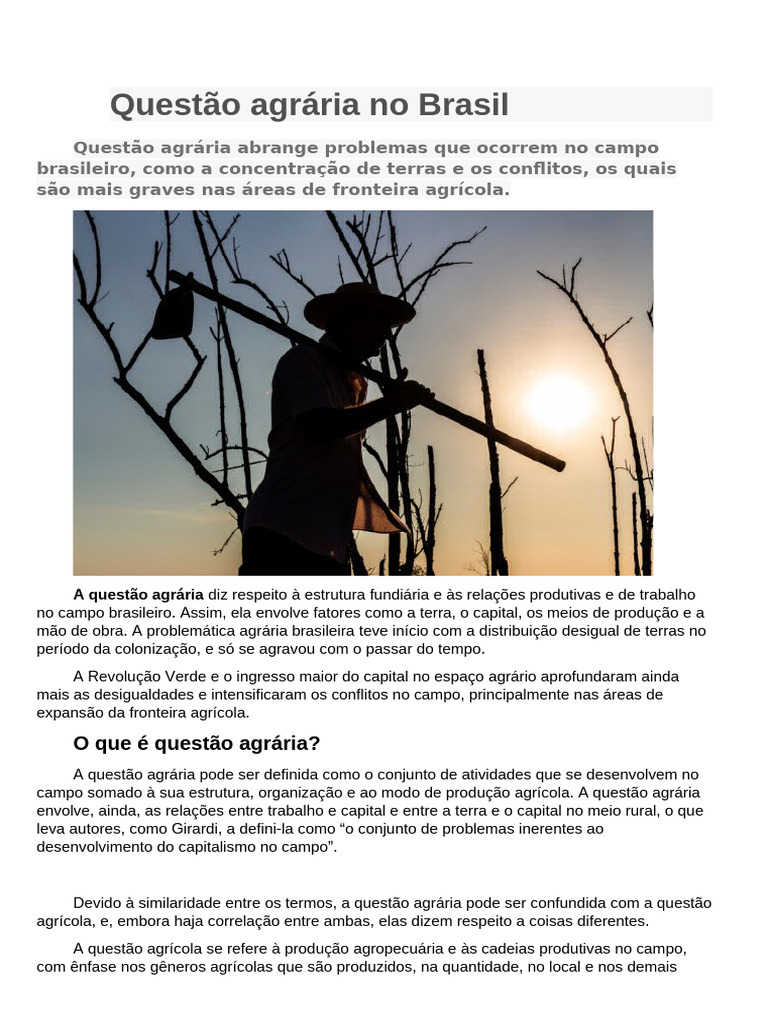 Questão Agrária no Brasil: Desafios e História | PDF | Agronegócio ...