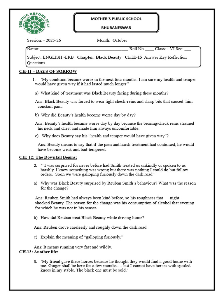 Black Beauty Chapter 11-15 Answer Key | PDF | Black Beauty