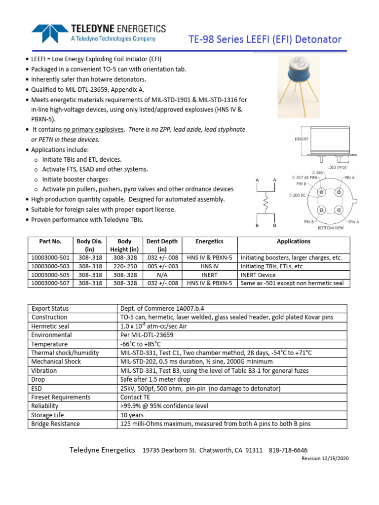 TE-98 Series LEEFI Detonator Overview | PDF