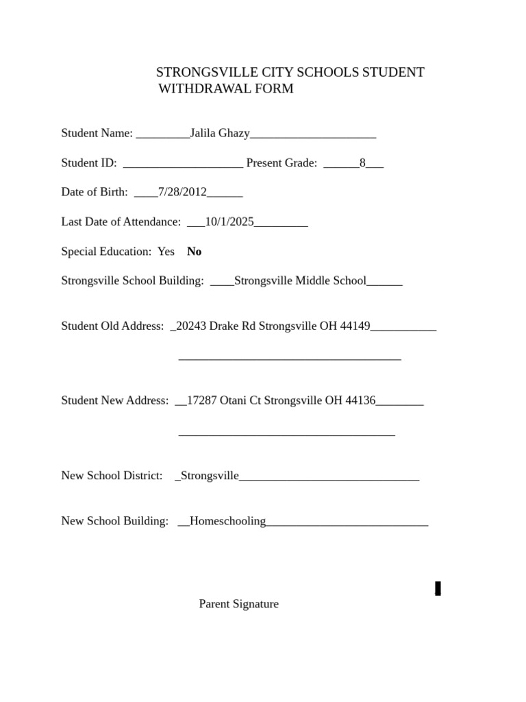 Strongsville Student Withdrawal Form | PDF
