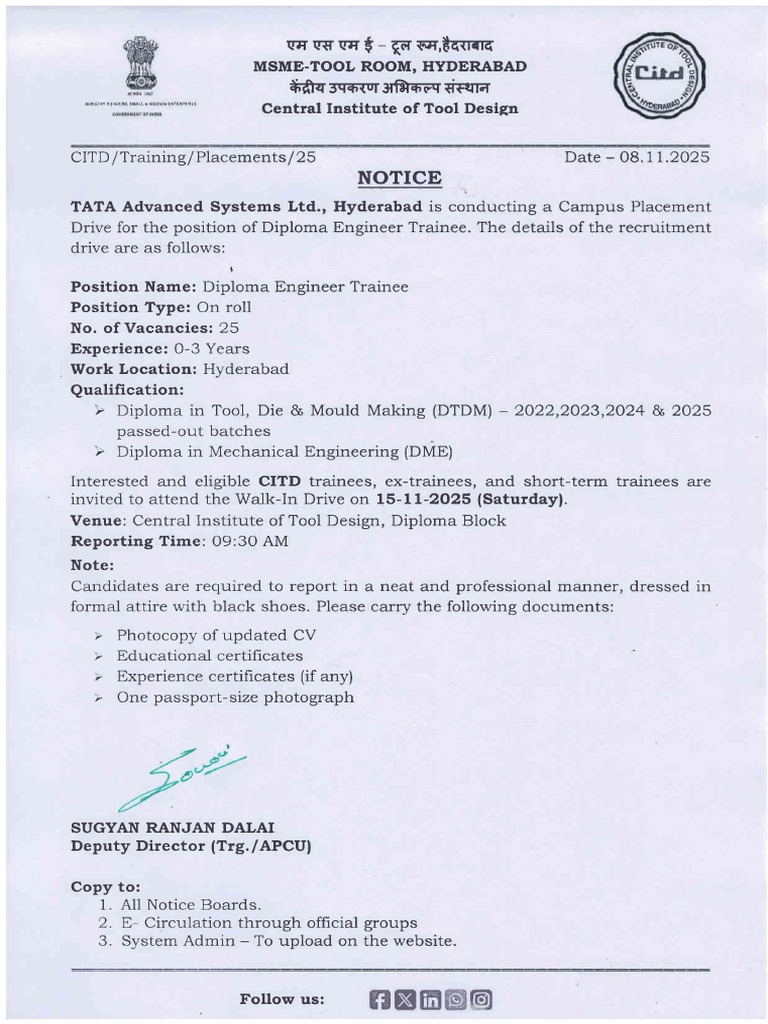 Notice DET TATA Advanced Systems Placement Drive | PDF