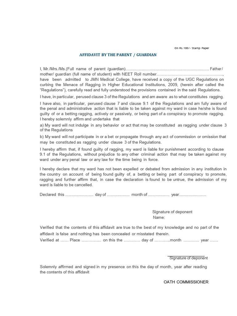 Anti-Ragging Undertaking Format For Parents 2 | PDF | Affidavit ...