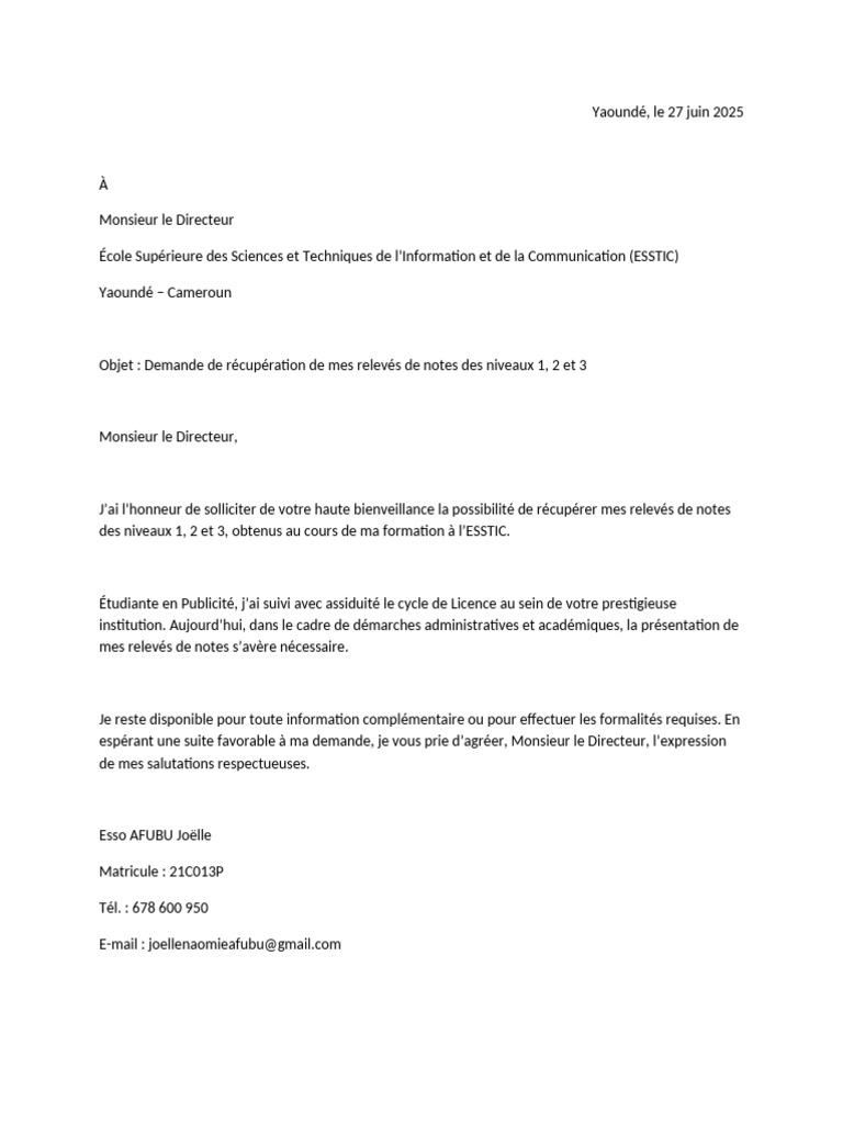 Demande de relevés de notes ESSTIC | PDF