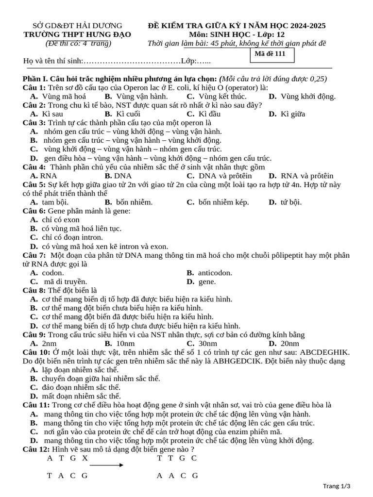 De Giua Ki I Sinh 12 | PDF