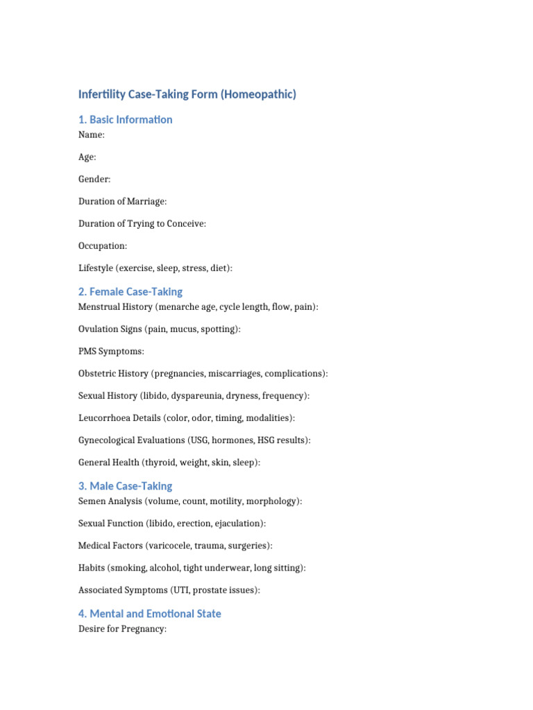 Homeopathic Infertility Case Form | PDF