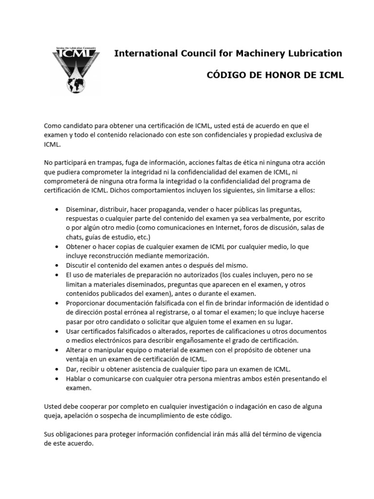 ICML Code of Honor For Online Test Spanish | PDF
