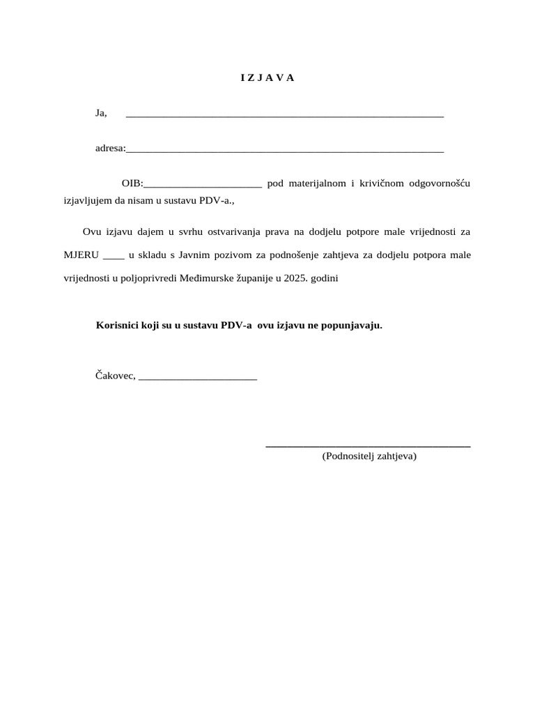 Izjava - Sustav PDV 1 | PDF