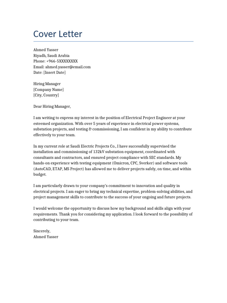 Electrical Project Engineer Cover Letter | PDF