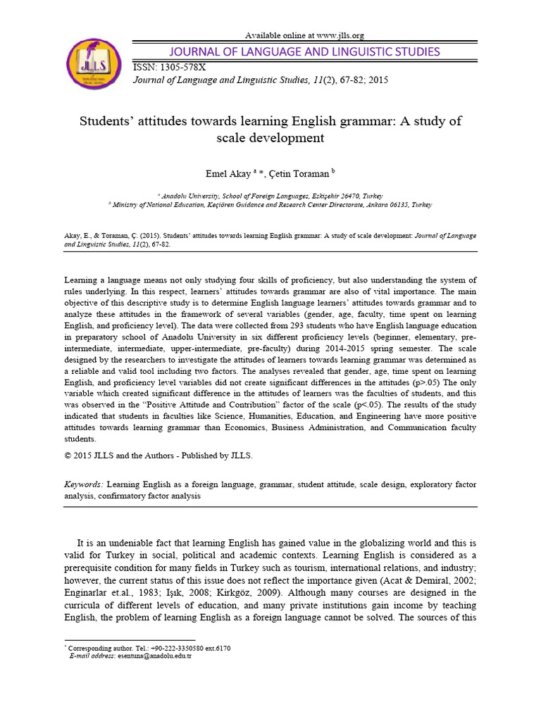 Students' Attitudes Towards Learning English Grammar - A Study of Scale ...