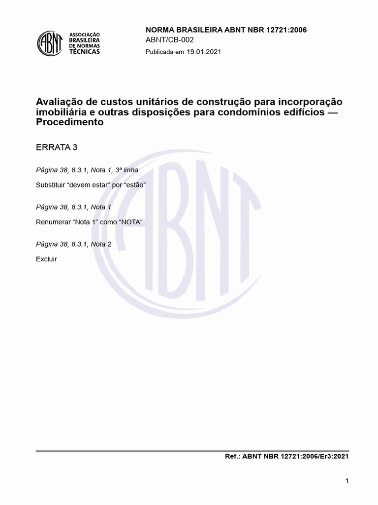 Errata da Norma ABNT NBR 12721:2006 | PDF | Economia da energia ...