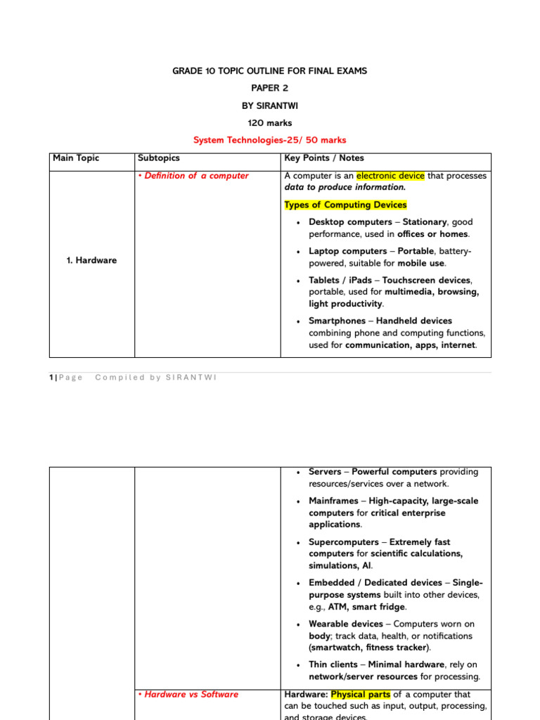 Grade 10 Computer Hardware Exam Guide | PDF | Random Access Memory ...