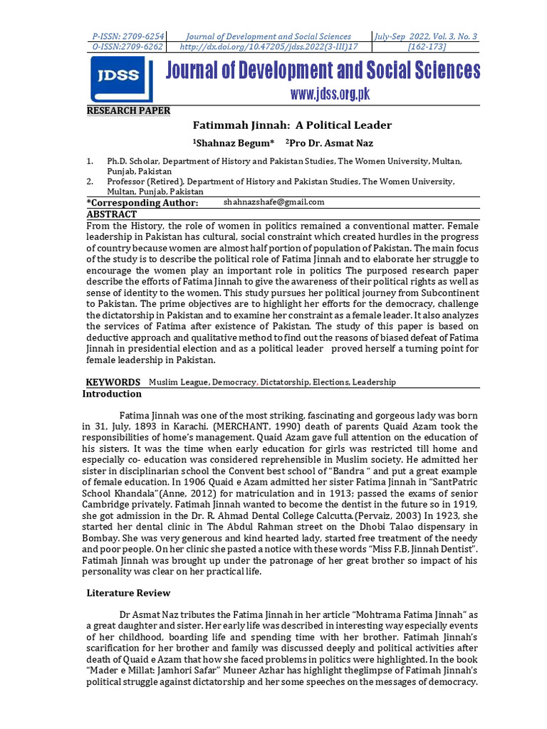Fatimmah Jinnah: A Political Leader: Research Paper Shahnaz Begum Pro ...