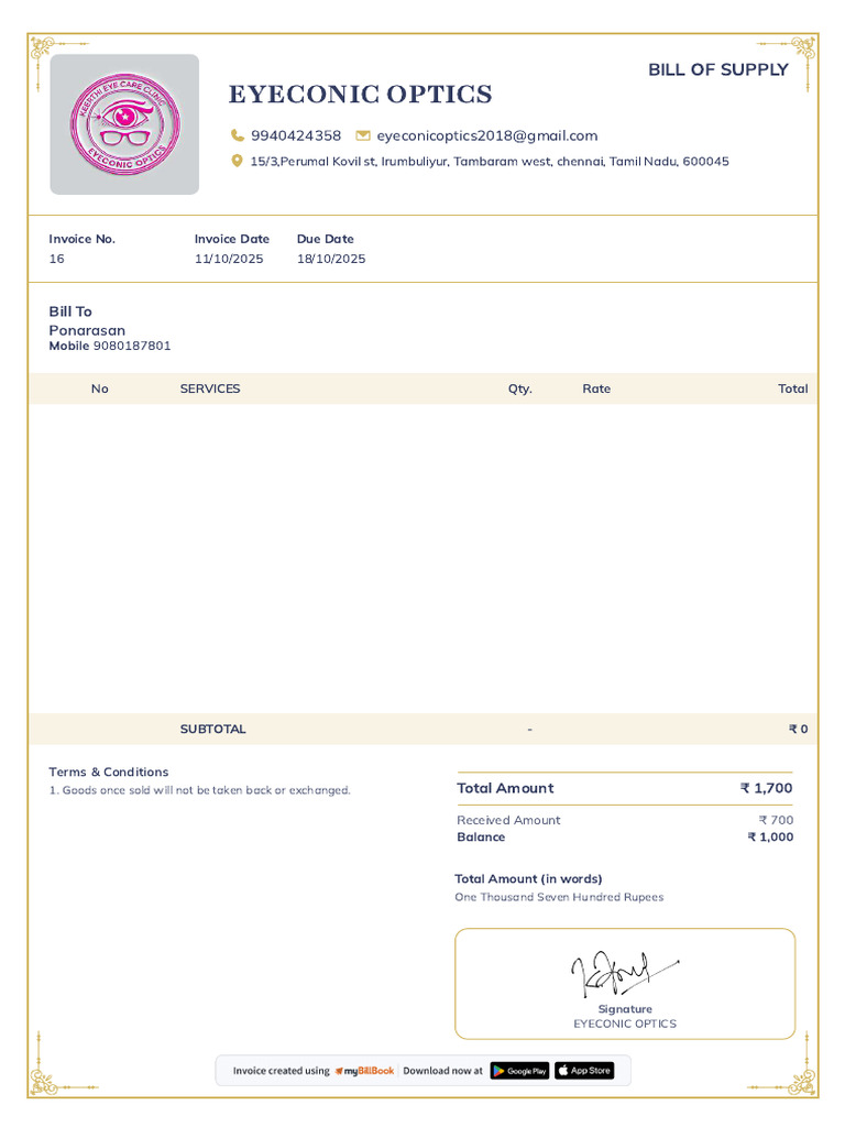 Eyeconic Optics Invoice #16 | PDF