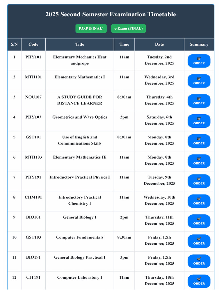 2025 Second Semester Examination Timetable | PDF