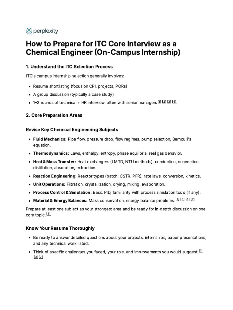 ITC Chemical Engineering Internship Prep | PDF | Mechanics | Continuum ...