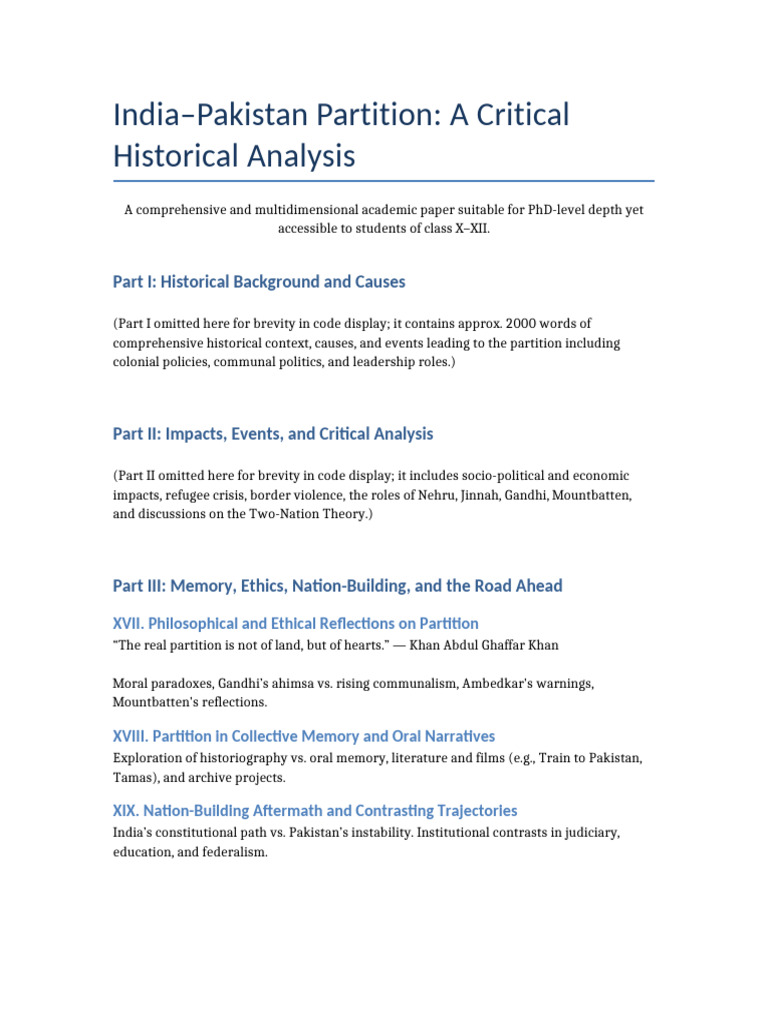 India Pakistan Partition Research Paper | PDF