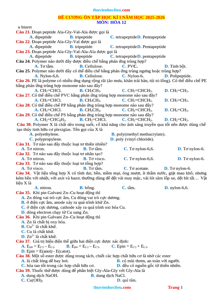 De Cuong On Tap Cuoi HK1 HOA 12 KNTT 25 26 | PDF