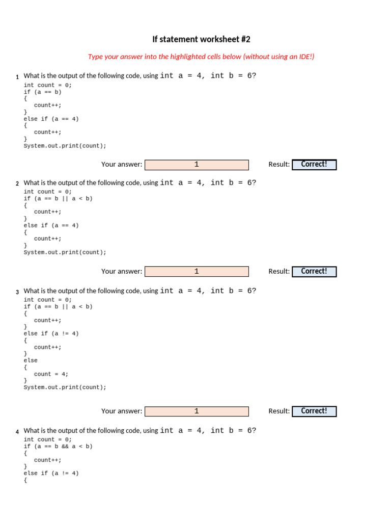 If Statement Worksheet Answers | PDF
